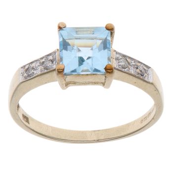 9ct Yellow Gold 0.05ct Diamond and Blue Topaz Single Stone Ring