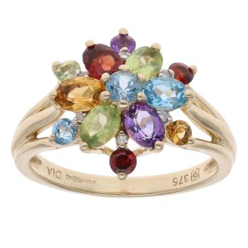 9ct Yellow Gold 0.05ct Diamond And Multi-Gemstone Cluster Ring