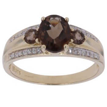 9ct Yellow Gold 0.10ct Diamond and Smoky Quartz Three Stone Ring