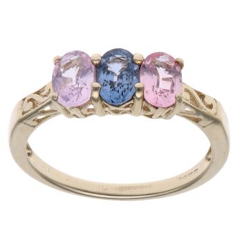 9ct Yellow Gold Pink Sapphire and Tanzanite Three Stone Ring