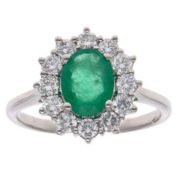 18ct White Gold 1.00ct Brilliant Cut Lab Grown Diamond and Emerald Cluster Ring