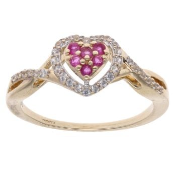 9ct Yellow Gold Ruby And Cubic Zirconia Heart Cluster Ring