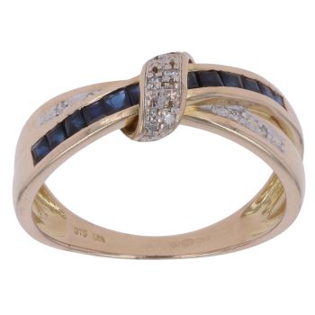 9ct Yellow Gold 0.10ct Diamond and Sapphire Crossover Ring
