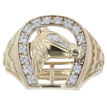 9ct Yellow Gold Patterned Cubic Zirconia Horseshoe Ring