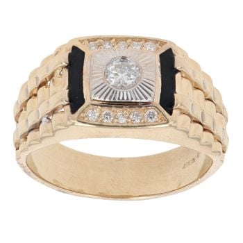 14ct Yellow And White Gold 0.35ct Diamond And Black Enamel Patterned Signet Ring