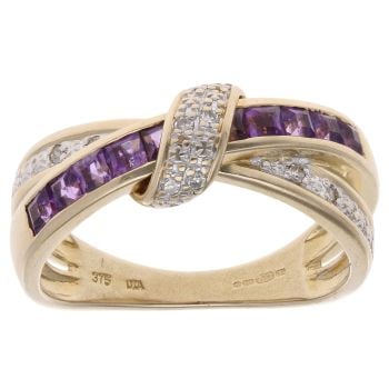 9ct Yellow Gold 0.10ct Diamond and Amethyst Crossover Ring