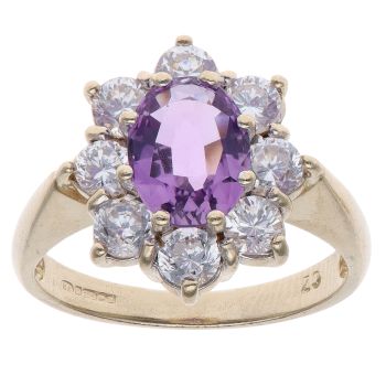 9ct Yellow Gold Amethyst and Cubic Zirconia Cluster Ring