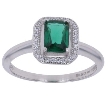 Silver Cubic Zirconia and Green Gemstone Ring