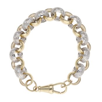 9ct Yellow and White Gold Cubic Zirconia Patterned and Plain Belcher Bracelet 8.5"