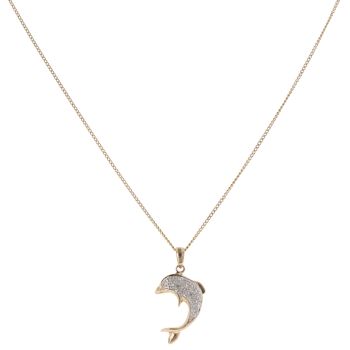 9ct Yellow Gold Cubic Zirconia Dolphin Pendant and Chain 18"