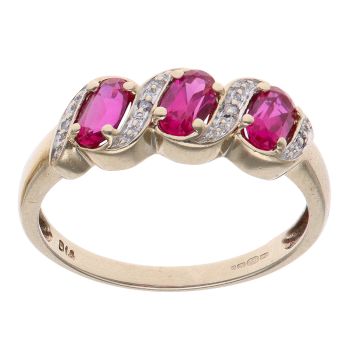 9ct Yellow Gold 0.05ct Brilliant Cut Diamond and Created Ruby Three Stone Ring