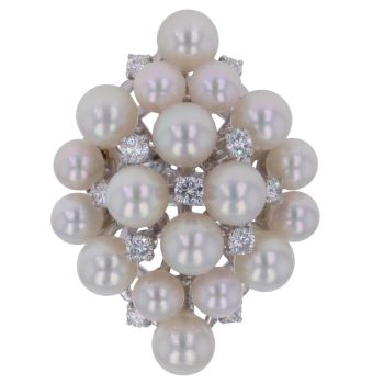 18ct White Gold 0.48ct Brilliant Cut Diamond and Pearl Cluster Ring
