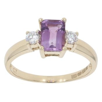 9ct Yellow Gold Amethyst and Cubic Zirconia Three Stone Ring