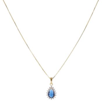Gold Plated Silver Blue Gemstone and Cubic Zirconia Tear Drop Cluster Pendant and Chain 18"