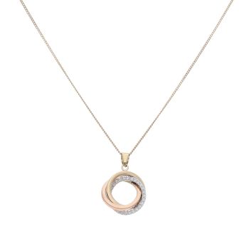 9ct Yellow White and Rose Gold Cubic Zirconia Open Circles Pendant and Chain 18"