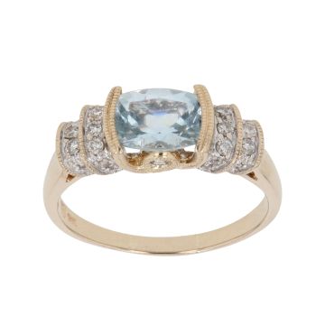 14ct Yellow Gold 0.15ct Brilliant Cut Diamond and Aquamarine Solitaire Ring