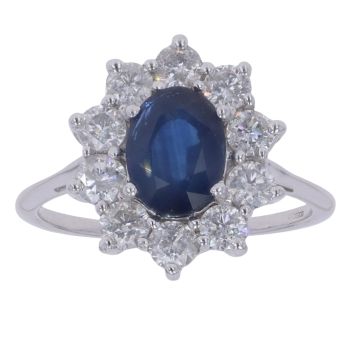 9ct White Gold 1.00ct Brilliant Cut Diamond and Sapphire Cluster Ring