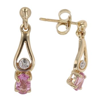 9ct Yellow Gold 0.05ct Diamond and Pink Gemstone Drop Earrings