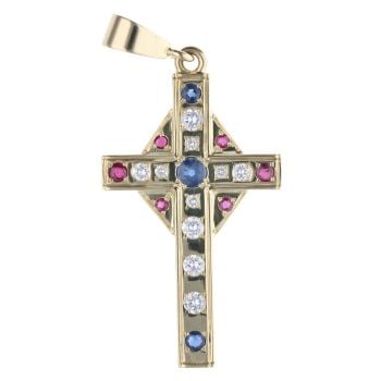 18ct Yellow Gold 1.50ct Diamond, Ruby And Sapphire Cross Pendant