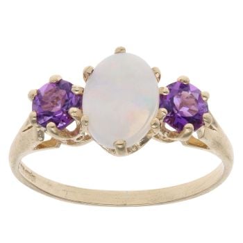 9ct Yellow Gold Amethyst and Opal Three Stone Ring