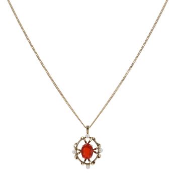 9ct Yellow Gold Fire Opal and Pearl Pendant and Chain 16"
