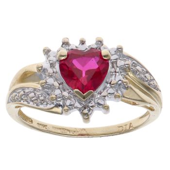 9ct Yellow Gold 0.02ct Diamond and Created Ruby Heart Cluster Ring