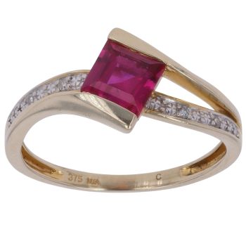 9ct Yellow Gold 0.02ct Diamond and Created Ruby Twist Ring
