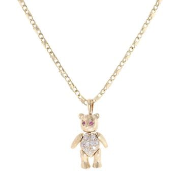 9ct Yellow Gold Pink And White Cubic Zirconia Teddy Bear Pendant And Chain 18"