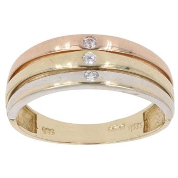 14ct Yellow White and Rose Gold Cubic Zirconia Three Row Ring