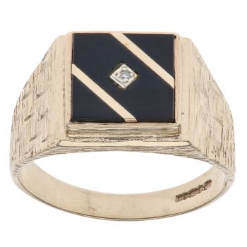 9ct Yellow Gold 0.01ct Diamond and Onyx Signet Ring