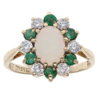9ct Yellow Gold Cubic Zirconia, Emerald And Opal Cluster Ring