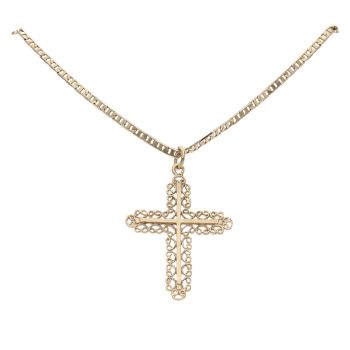 9ct Yellow Gold Patterned Cross Pendant and Chain 22"