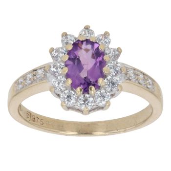 9ct Yellow Gold Amethyst and Cubic Zirconia Cluster Ring