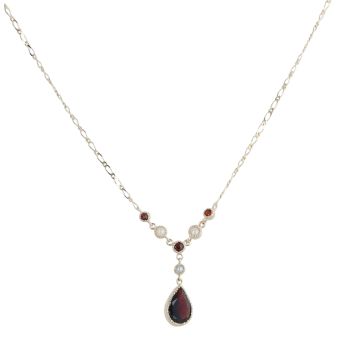 9ct Yellow Gold Garnet and Pearl Fancy Drop Pendant and Chain 16"