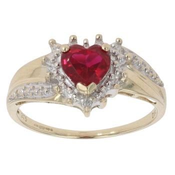 9ct Yellow Gold Created Ruby and 0.05ct Diamond Heart Cluster Ring