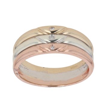 9ct Yellow, White and Rose Gold 0.05ct Diamond Three Row Ring