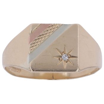 9ct Yellow White and Rose Gold 0.05ct Patterned Signet Ring
