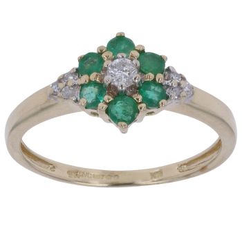 9ct Yellow Gold 0.10ct Diamond and Emerald Cluster Ring