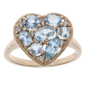9ct Yellow Gold Aquamarine and Cubic Zirconia Heart Cluster Ring