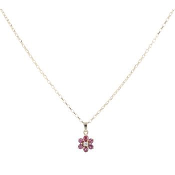 9ct Yellow Gold 0.10ct Diamond And Ruby Floral Cluster Pendant And Chain 16"
