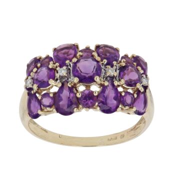 9ct Yellow Gold 0.05ct Diamond and Amethyst Fancy Cluster Ring