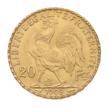 1908 France 20 Francs  Marianne Rooster Coin