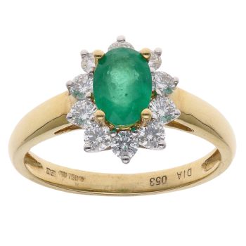 18ct Yellow Gold 0.53ct Brilliant Cut Diamond and Emerald Cluster Ring
