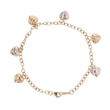 14ct Yellow and White Gold Heart Charm Bracelet 7.5"