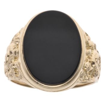 9ct Yellow Gold Onyx Oval Patterned Signet Ring