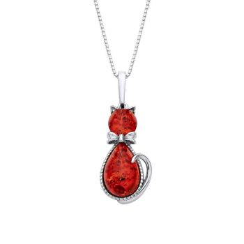 Sterling Silver Baltic Amber Cat Pendant Necklace