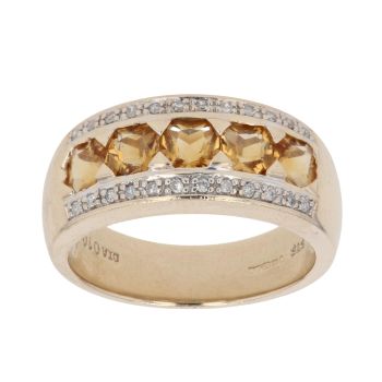 9ct Yellow Gold 0.10ct Brilliant Cut Diamond and Orange Gemstone Three Row Ring