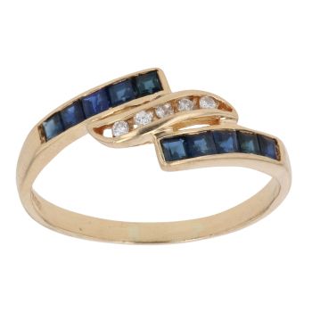 18ct Yellow Gold 0.05ct Diamond and Sapphire Crossover Ring
