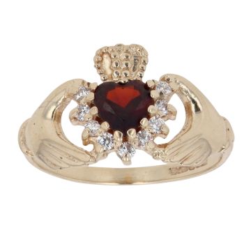 9ct Yellow Gold Cubic Zirconia and Garnet Claddagh Ring