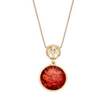 18ct Yellow ﻿Gold on Sterling Silver Baltic Amber Tree of Life Drop Pendant Necklace